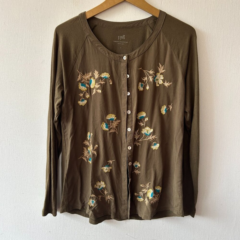 J. Jill Embroidered Woven Front Shirt Womens Small Green Floral Fairy Goblincore